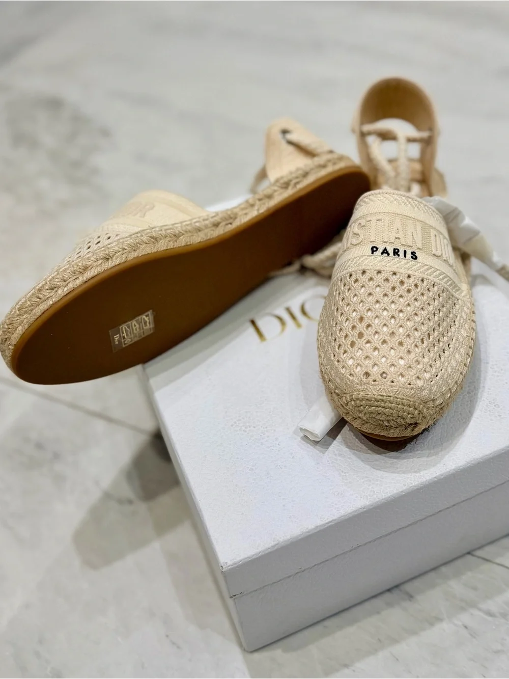 New without tag Dior Cream Woven Lace-Up Flat Espadrilles